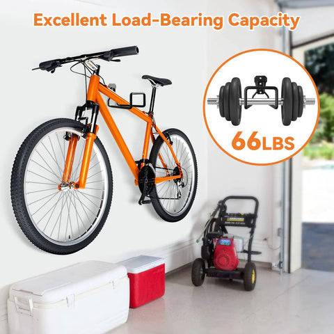 Orange bicycle mounted on a garage wall next to a lawnmower with weight capacity text "66lbs" and an image of dumbbells.