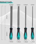 Kickstart Your Carpentry Game With This Hella Durable Eight Inch Wood Rasp File Set Featuring Flat Round Half Round And Triangular Teeth For Knotty Smoothing Badass Wood Finishing Work, showing product size and dimensions.