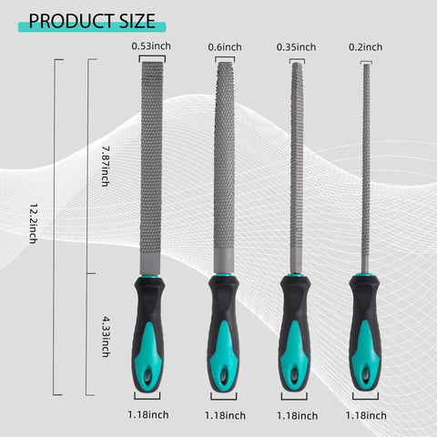 Kickstart Your Carpentry Game With This Hella Durable Eight Inch Wood Rasp File Set Featuring Flat Round Half Round And Triangular Teeth For Knotty Smoothing Badass Wood Finishing Work, showing product size and dimensions.