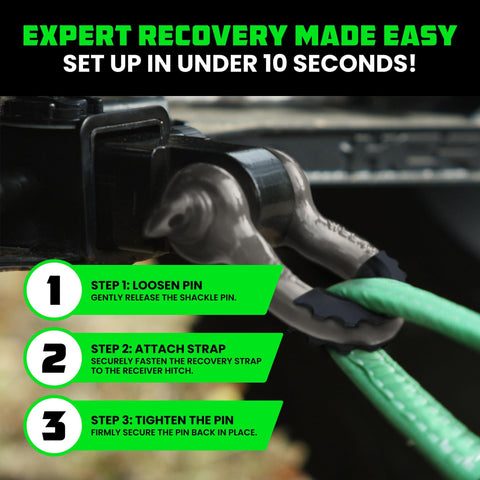 Trail Ready Heavy Duty Shackle Hitch Receiver for Two Inch Hitches shown installed with recovery strap.