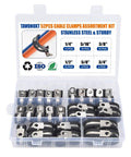 52 Pcs Cable Clamps Assortment Kit In Six Sizes From One Quarter Inch To Three Quarter Inch Stainless Steel With Rubber Coated Cushions Durable Insulated Pipe And Wire Holders For Automotive Fuel Lines Hoses And Tubes in plastic storage box showing clamps and sizes.