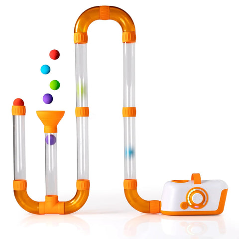 Air Toobz Original Air Powered STEM Building Toy For Kids And Teens with foam balls in transparent tubes and orange connectors