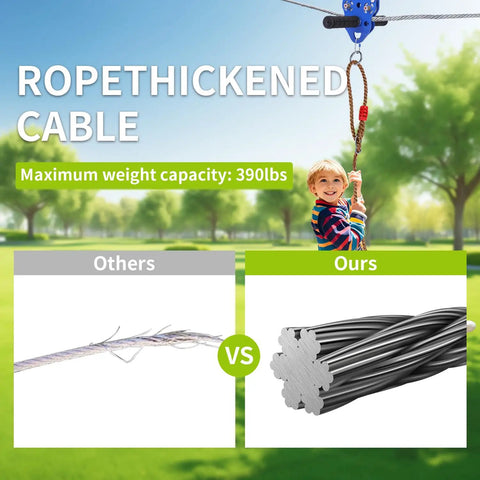 Backyard Zipline Kit for Kids and Adults, Adjustable Zip Line With 390 Lbs Capacity, Non Slip Pulley System in use outdoors