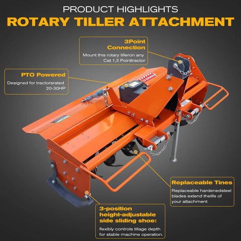 45 Inch Rotary Tiller Attachment For Cat 1 Tractors 20 To 30 HP 540 RPM Gearbox 3 Point PTO Driven Cultivator with Replaceable Tines