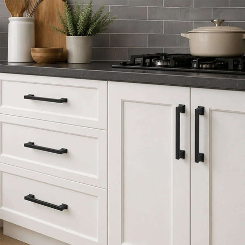 Slick Matte Black Cabinet Handles And Drawer Pulls Three Quarter Inch Ten Pack Solid Aluminum Kitchen Hardware With Smudge Proof Finish And Heavy Duty Build For No Sweat Room Refreshes on modern kitchen cabinetry.