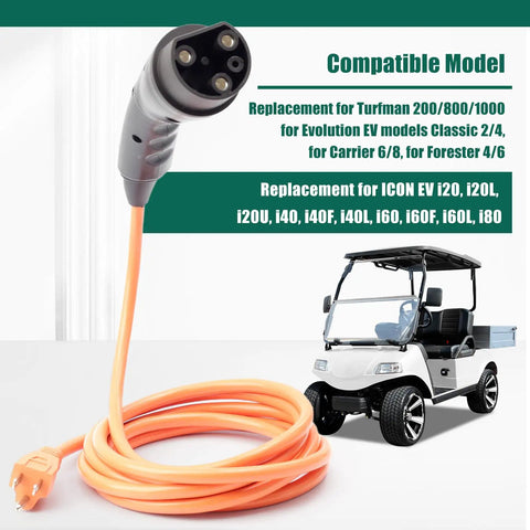 120V Three Pin Golf Cart Charging Power Cord Replacement tailored for Evolution Icon EV, 10 ft cable with three-pin connector.
