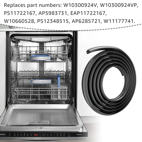 Open dishwasher with coiled Heavy Duty Dishwasher Door Seal Replacement For KitchenAid Kenmore Maytag Amana Dishwashers Fits W11177741 W10300924