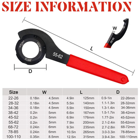 9-Piece Coilover Spanner Wrench Set Universal Motorcycle Shock Adjustment Wrenches size chart and red wrench with measurements