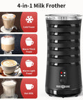 4 In 1 Electric Milk Frother For Hot And Cold Foam, Temperature Control And Auto Shut Off, Perfect For Lattes, Cappuccinos, Macchiatos And More, Sleek Stainless Milk Warmer For Barista Grade Froth At Home, shown with foam options and buttons
