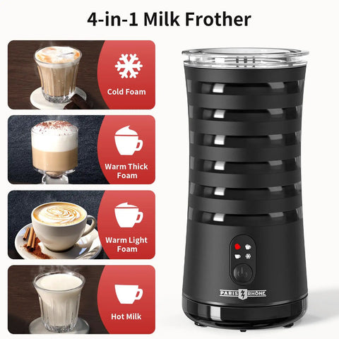 4 In 1 Electric Milk Frother For Hot And Cold Foam, Temperature Control And Auto Shut Off, Perfect For Lattes, Cappuccinos, Macchiatos And More, Sleek Stainless Milk Warmer For Barista Grade Froth At Home, shown with foam options and buttons
