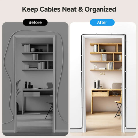 Before and after using Nail-In Cable Clips Cord Organizer 200-Pack 7mm 0.27 Inch Wall Mount White For cable management in home office.