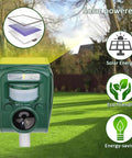 Solar Ultrasonic Animal Repellent With Motion Sensor Waterproof IP65 Outdoor Pest Deterrent for garden use, green plastic unit