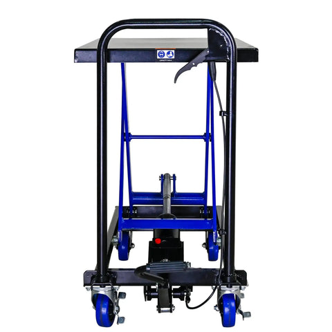 Heavy Duty Hydraulic Lift Trolley With Smooth Rolling Locking Wheels And Rock Solid 500 Pound Capacity For Shop Garage Or Warehouse Heavy Hauling Gear, front view showing handles and casters.