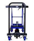 Heavy Duty Hydraulic Lift Trolley And Fold Down Rolling Table Cart For Auto Shops Features Quick Release Platform, front view showing handle and hydraulic mechanism.