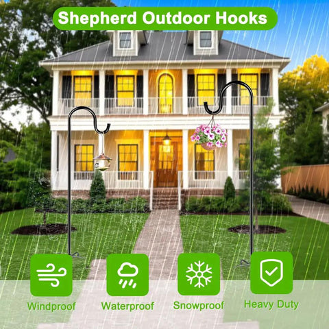 Heavy Duty 84 Inch Shepherds Hook For Outdoor Use With 7 Prong Base Sturdy Bird Feeder Pole, 1 Pack installed in garden