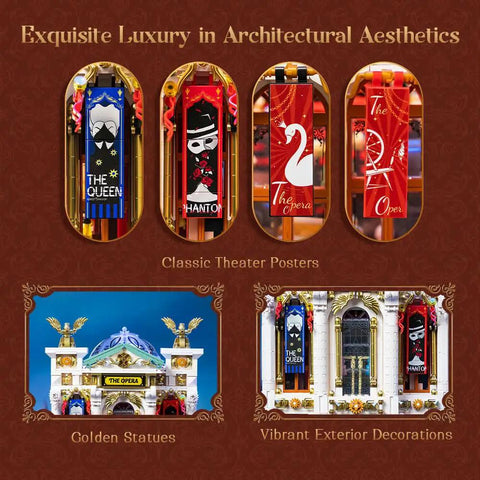 Vintage European Grand Theater Building Set With Crystal Chandelier, posters, statues, and decorations display