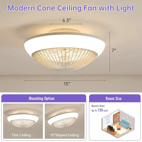 15 Inch Enclosed Bladeless Ceiling Fan with RGB Dimmable LED Light, 6 Speed Reversible Quiet Fan with Remote Control, modern cone design