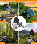 Collage of outdoor activities featuring Backpacking Camping Cookware Set 8 Pieces Mini Mess Kit With Pot And Pan in use.