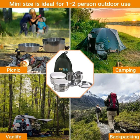 Collage of outdoor activities featuring Backpacking Camping Cookware Set 8 Pieces Mini Mess Kit With Pot And Pan in use.