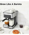 Compact Slim Green Milk Frother Coffee Maker For Your Daily Setup Brew espresso with integrated frother on counter.