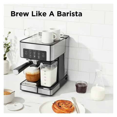 Compact Slim Green Milk Frother Coffee Maker For Your Daily Setup Brew espresso with integrated frother on counter.
