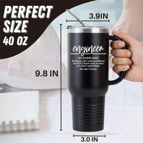 40oz Stainless Steel Tumbler With Handle Lid And Straw Black Dope Engineer Gift For Men And Women Double Wall Insulation Keeps Drinks Hot Or Cold Ideal For Civil Chemical Aerospace Pros Mentors On Birthday Or Christmas, dimensions shown