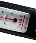 Close-up of an Industrial Fluid Level Gauge With Built In Thermometer and Sight Glass featuring temperature markings and polyamide coating.