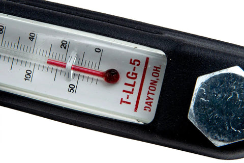 Close-up of an Industrial Fluid Level Gauge With Built In Thermometer and Sight Glass featuring temperature markings and polyamide coating.