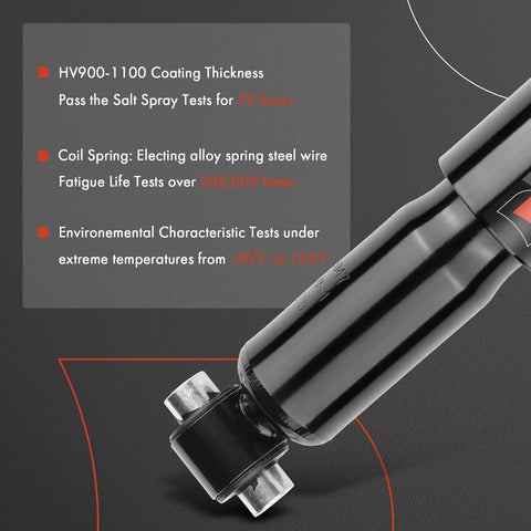 Close-up of Volvo Cab Shock Absorber Gas Type with coating thickness and coil spring details, suitable for Volvo sleeper cab 60-77 inch.