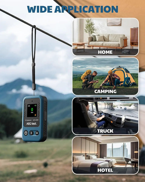 Portable Carbon Monoxide Detector With 15 Day Standby, Rechargeable Mini CO Monitor For Travel And Camping, Handheld CO Meter With Audible And Visual Alerts, 0-1000 PPM, Lanyard Included, Blue displayed with usage scenarios in home, camping, truck, and hotel.