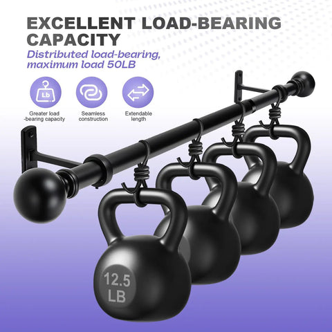 One Inch Adjustable Heavy Duty Curtain Rod With Extra Long Range From 30 To 240 Inches For Windows And Room Dividers Indoor Outdoor Use Matte Black Finish Durable And Stylish, showing load-bearing capacity.