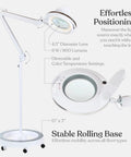 LightView Pro Magnifying Floor Lamp With Stand, Hands Free Magnifier And Dimmable LED Work Light, Six Wheel Rolling Base