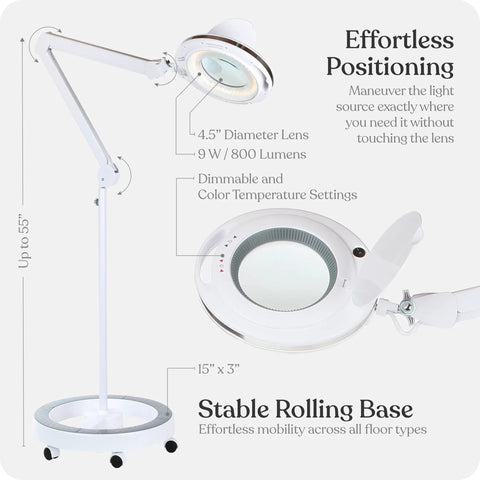 LightView Pro Magnifying Floor Lamp With Stand, Hands Free Magnifier And Dimmable LED Work Light, Six Wheel Rolling Base