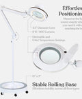 LightView Pro Magnifying Glass With Light And Stand, Hands Free Floor Lamp With 6 Wheel Base, Dimmable LED, closeup on features