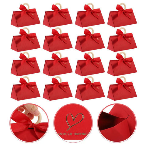 Valentine Day Candy Boxes With Handles Pack Of 20 Portable Paper Wrapping Boxes for parties, red with bows, gift packaging detail.