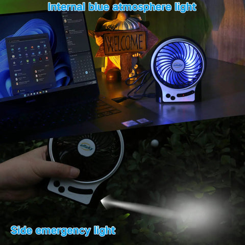 4.9 Inch Mini Desk Fan With 3 Speed Settings, Rechargeable Battery Or USB Powered, LED Light, night and outdoor use