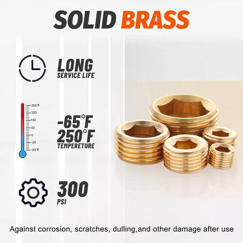 Front view of Ailbiuko 35-Piece brass pipe plug set with NPT hex sockets, sizes 1/8 to 3/4 inch