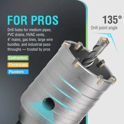 Badass 20 Piece Concrete Hole Saw Kit With Heavy Duty Sds Plus And Sds Max Shanks For Rotary Hammers, 135° drill point angle core bit.