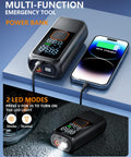 Portable Tire Inflator Air Pump With 150 PSI Rechargeable Cordless Power Digital Pressure Gauge LED Light Auto Shut Off Fast Inflation For Cars Motorcycles Bikes And Balls On The Go shown as a power bank charging a phone.