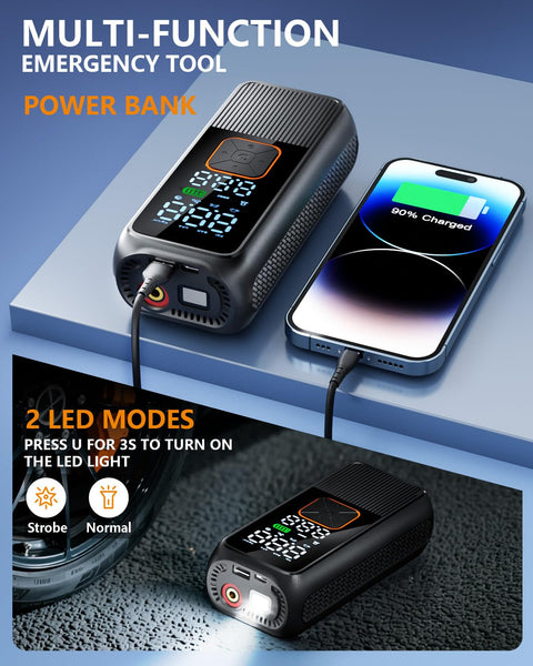 Portable Tire Inflator Air Pump With 150 PSI Rechargeable Cordless Power Digital Pressure Gauge LED Light Auto Shut Off Fast Inflation For Cars Motorcycles Bikes And Balls On The Go shown as a power bank charging a phone.