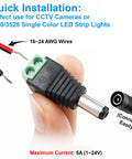 Rock Solid 12V DC Power Splitter With Two Male And Two Female Barrel Connectors For LED Strip Lights And CCTV Cameras Plug And Play Screw Terminals Make It A Hassle Free Setup No Soldering Required, showing wire connection.