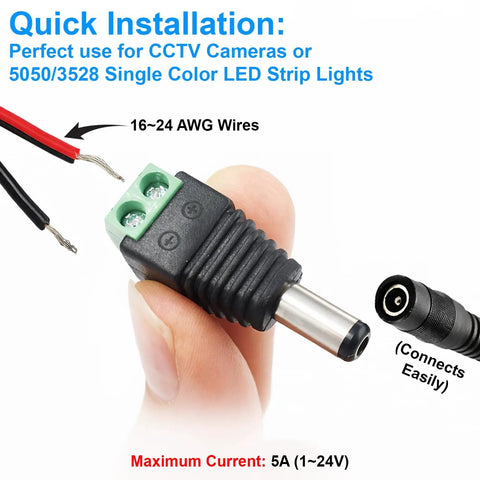 Rock Solid 12V DC Power Splitter With Two Male And Two Female Barrel Connectors For LED Strip Lights And CCTV Cameras Plug And Play Screw Terminals Make It A Hassle Free Setup No Soldering Required, showing wire connection.