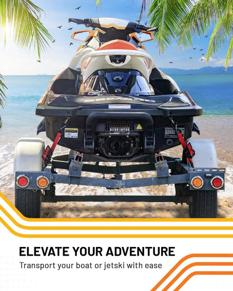 Jet ski on trailer secured with Retractable Ratchet Straps For Boats And Jet Skis 1 Inch By 2.5 Feet Heavy Duty Transom Tie Downs