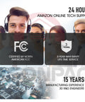 Team providing 24-hour Amazon support, FCC certification seal, 3-year warranty icon, company experience with engineers photo.