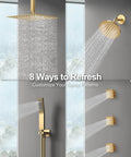 GRANDJOY 12" Ceiling Shower System with Handheld Spray, Brushed Gold showcasing rainfall head, hand shower, and body jets.