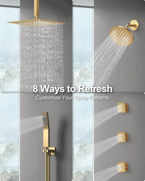 GRANDJOY 12" Ceiling Shower System with Handheld Spray, Brushed Gold showcasing rainfall head, hand shower, and body jets.