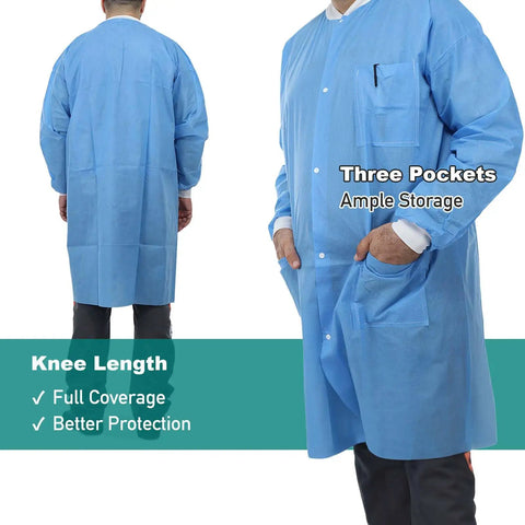 Dental Disposable Lab Coat Set Knee Length 3 Pockets Soft Knit Cuffs And Collar SMS 45G Material Blue 10 Pack