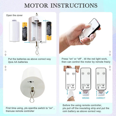 Disco Ball Motor With Dope Remote Control, Battery Powered Spinner For Hanging Displays, Wind Spinners, Spiral Tails, Sun Catchers, Garden Decor, Patio Yard Ornament, Easy Setup, 10 RPM instructions with batteries and remote
