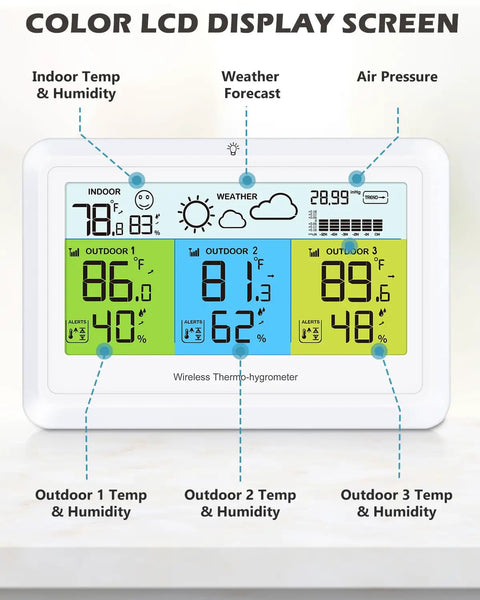 All In One Weather Station With 3 Sensors For Indoor And Outdoor Temperature Humidity Barometer Pressure Forecast With Backlight And Alerts For Home Office showing LCD display