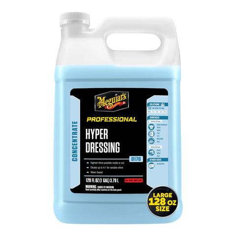 Hyper Dressing Dilutable Up To Four To One For High Gloss Or Satin Finish On Exterior And Interior Trim Plastic Rubber Vinyl Of Your Car One Gallon 128 Fl Oz Non Painted Surfaces Shine Like New Great For Plastic Trim Guards Bumpers Interior Panels And Meguiar's Professional Hyper Dressing 128 oz bottle